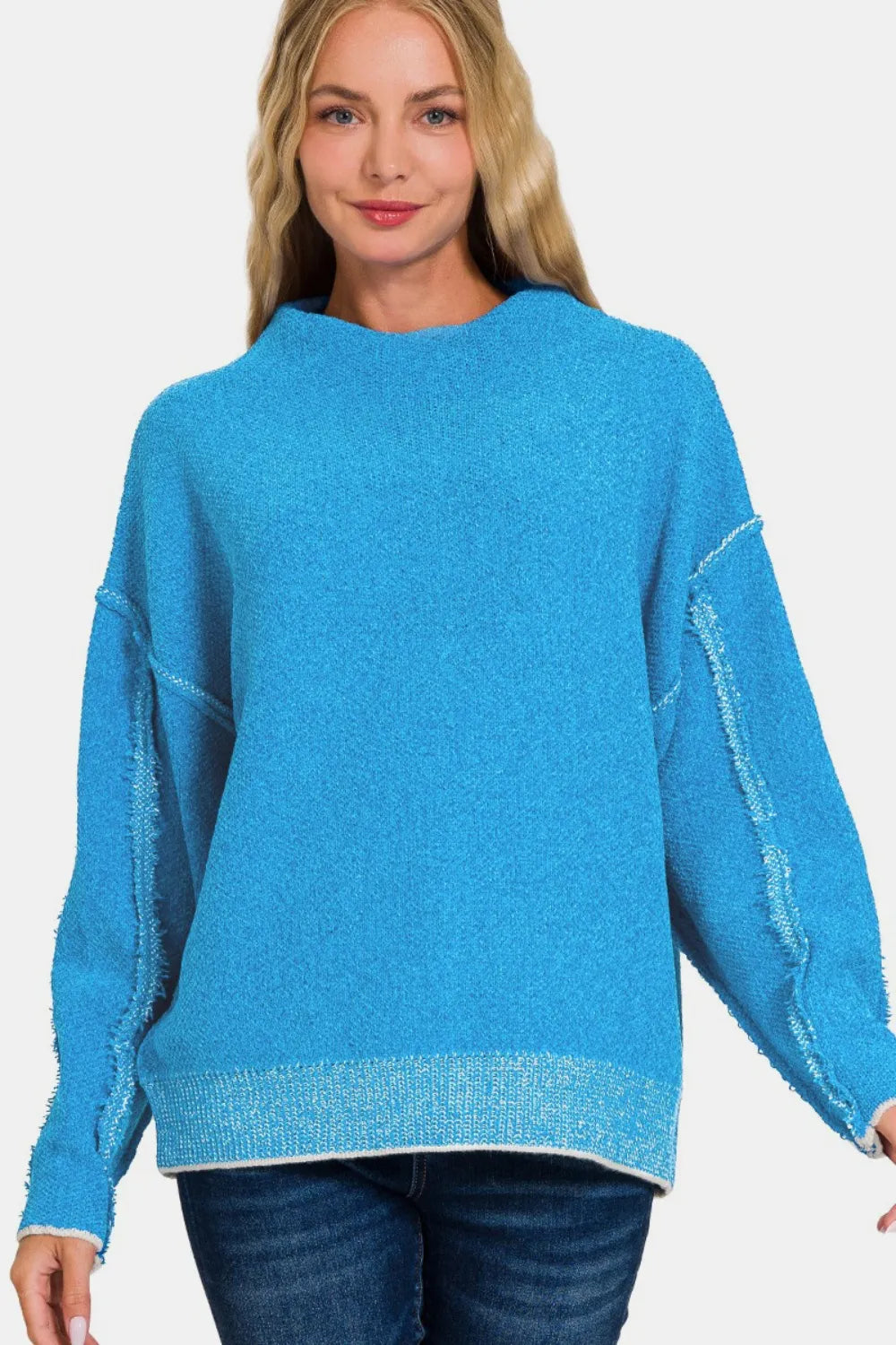 Zenana Exposed Seam Mock Neck Long Sleeve Sweater - Farnelli