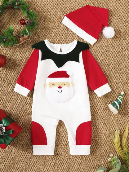Children's 2-Piece Christmas-Themed Set with Jumpsuit and Santa Claus Hat - Farnelli
