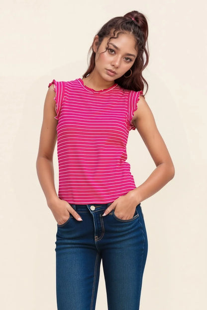 Zenana Ribbed Ruffle Trim Sleeveless Stripe Top - Farnelli