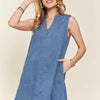ADORA Notched Sleeveless Denim Dress with Pockets - Medium
