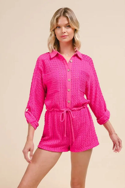 SO ME Textured Knit Button Front Romper - Farnelli