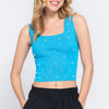 ACTIVE BASIC Pearl Detail Square Neck Cropped Tank - Aquablue