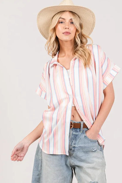 SAGE+FIG Full Size Multi Stripe Button Down Short Sleeve Shirt Plus Size - Farnelli