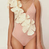 Contrast Flower Spaghetti Strap One-Piece Swimwear - Pale Blush