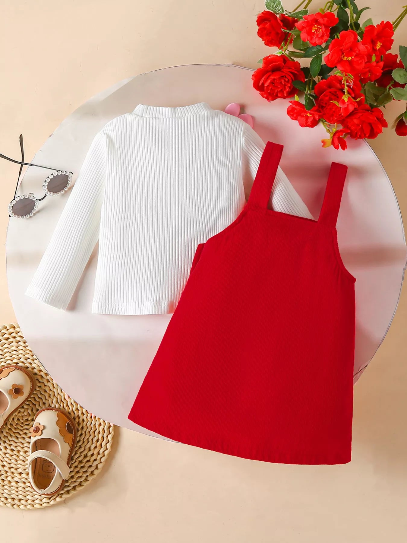 Children's Heart Decor Corduroy Overall Dress & Ribbed Top Set - Farnelli