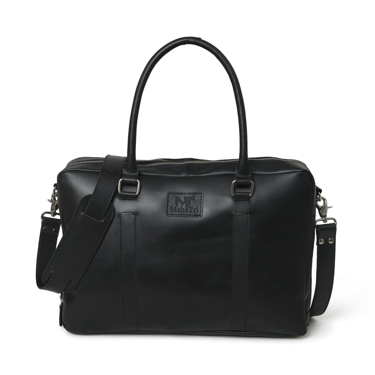 Black buffalo leather laptop briefcase by Classy Leather Bags with sturdy handles and professional design.