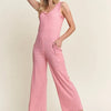 ADORA Ribbed V-Neck Wide Leg Jumpsuit with Pockets - 2TONE PINK