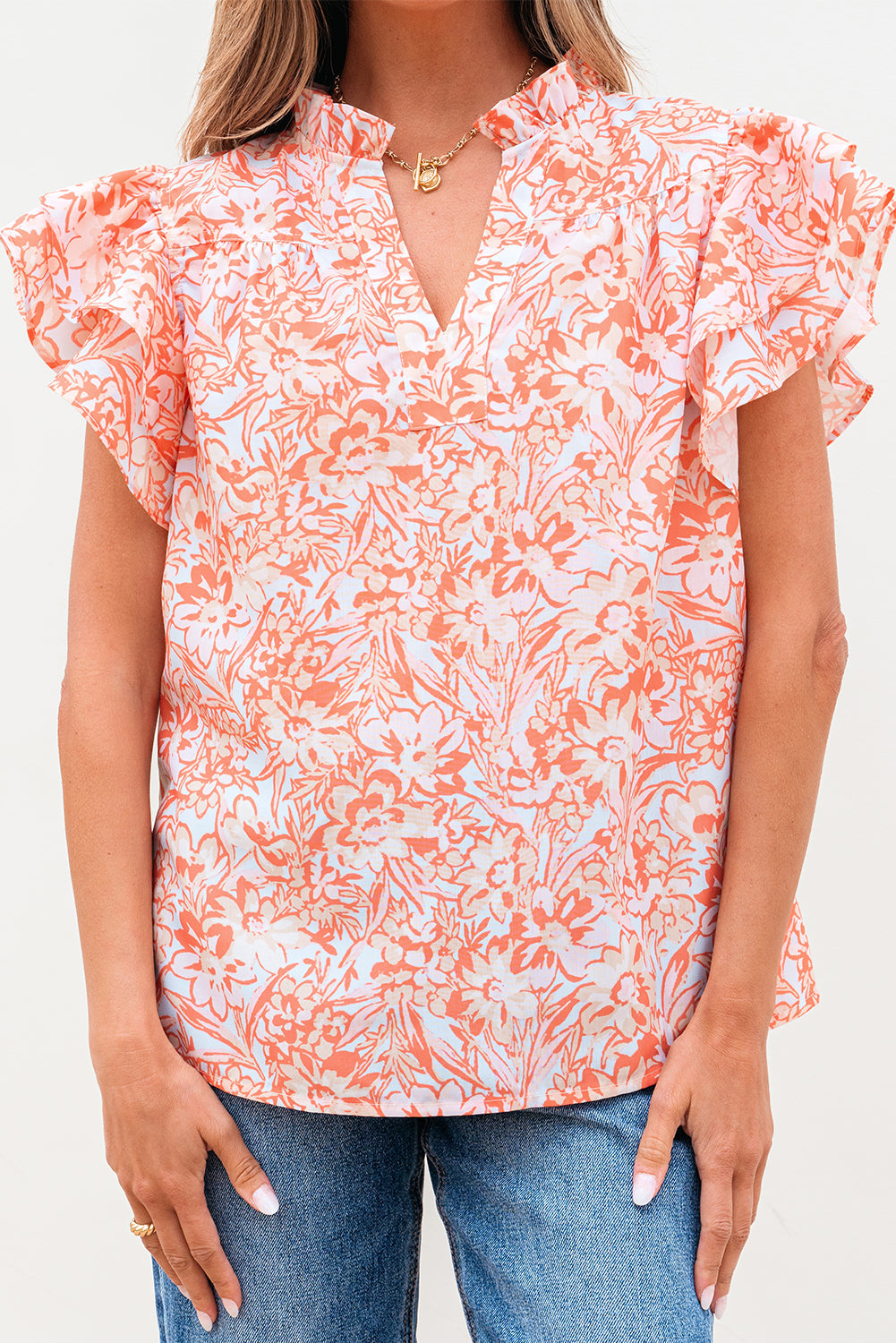 Nancy Floral Ruffle Sleeve Split Neck Blouse - Farnelli