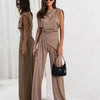 Slit Ruched Top and Wide Leg Pants Set - Taupe