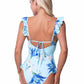 BLUE FLORAL RUFFLE TRIM ONE PIECE SWIMWEAR