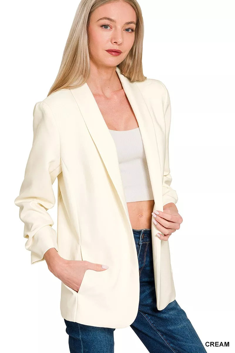 Zenana Woven 3/4 Ruched Sleeve Open Front Classic Blazer - Farnelli