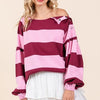 Mittoshop Striped Snap Shoulder Long Sleeve T-Shirt - Pink/Wine