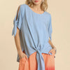 Umgee Cold Shoulder Short Sleeve Round Neck Top with Side Slits and Tie-able Knot Details - DUSTY BLUE