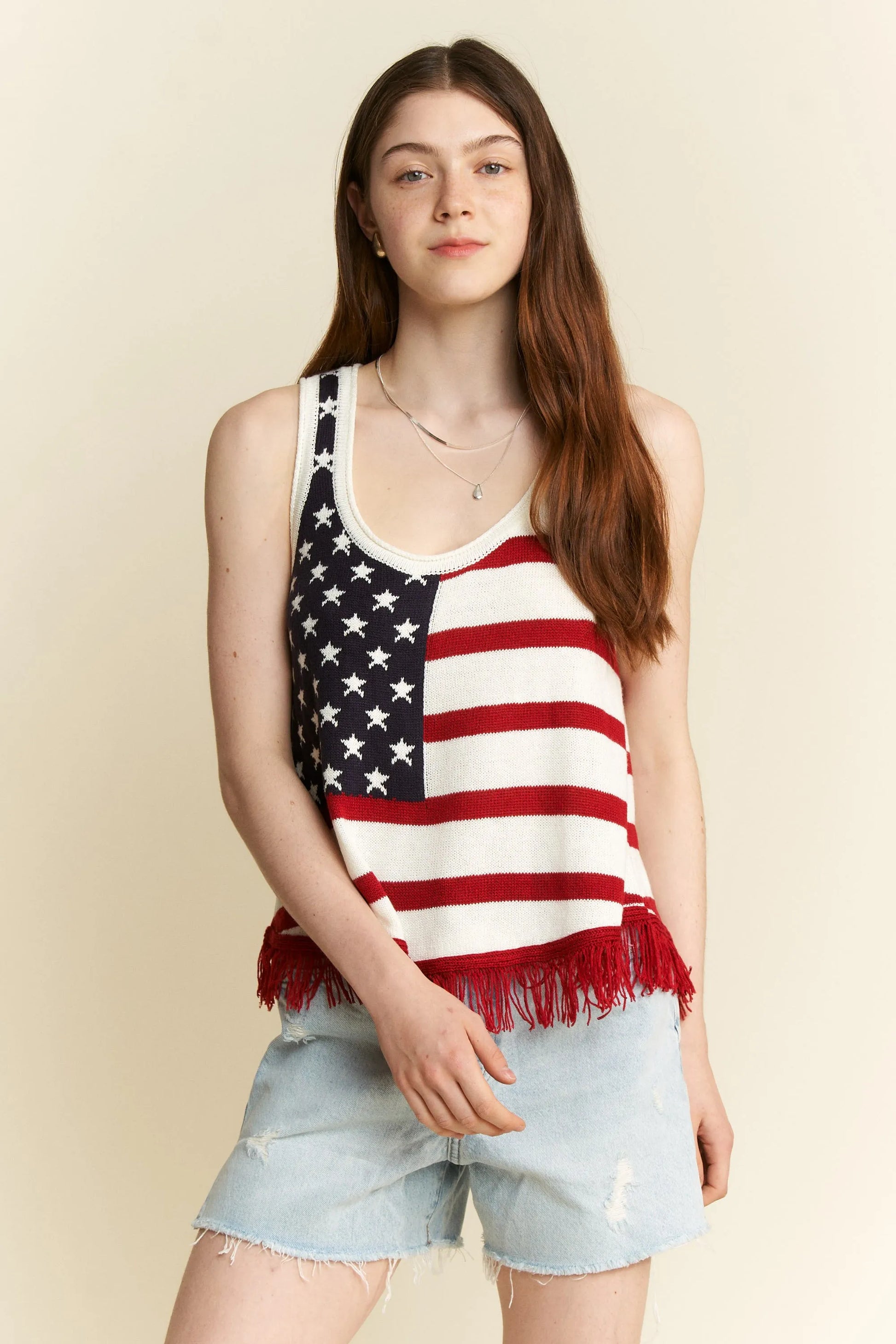 Jade By Jane Full Size American Flag Fringe Tank Top Plus Size - Farnelli