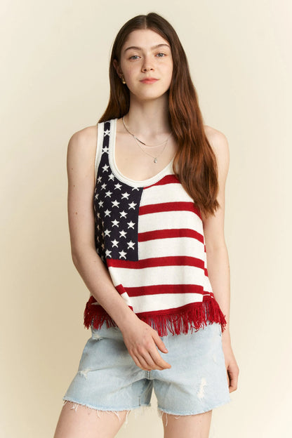 Jade By Jane Full Size American Flag Fringe Tank Top Plus Size - Farnelli