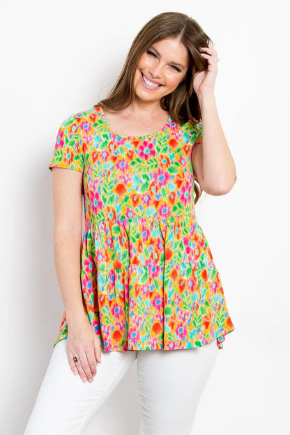 Be Stage Floral Short Sleeve Babydoll Top - Farnelli
