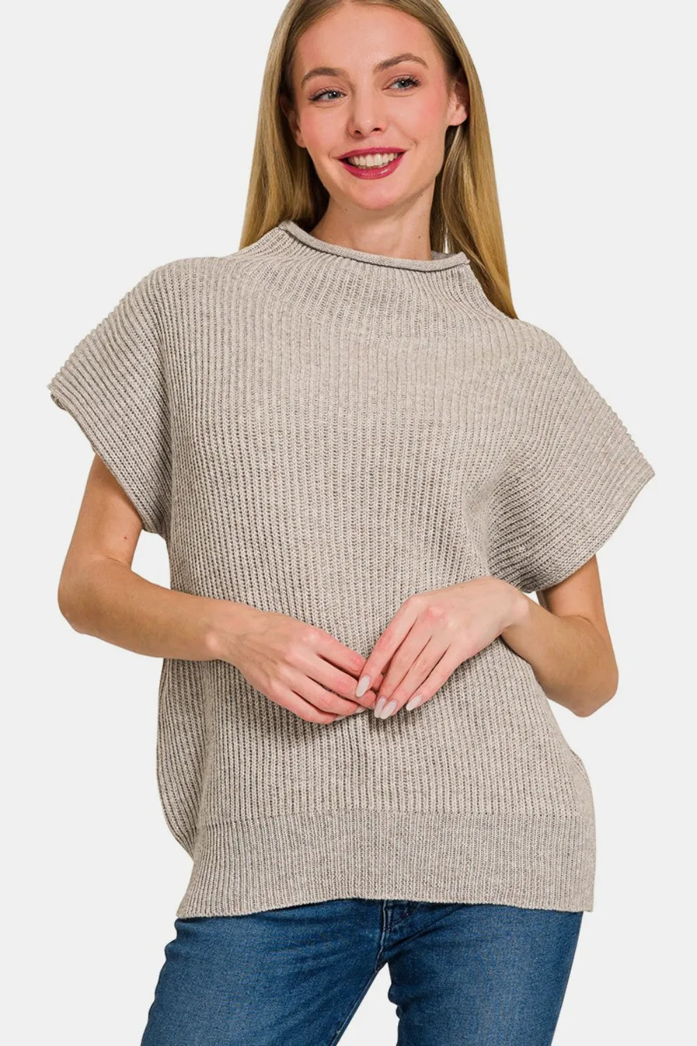 Zenana Short Sleeve Mock Neck Sweater - Farnelli