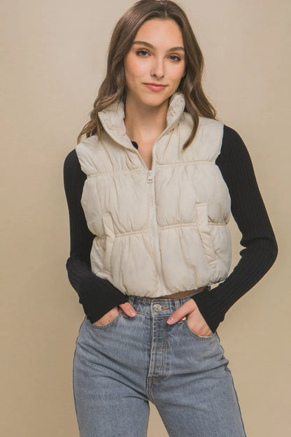 Love Tree Zip Up Turtleneck Cropped Vest Coat - Farnelli