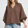 Umgee Full Size Textured Notched Balloon Sleeve Blouse Plus Size - Chocolate