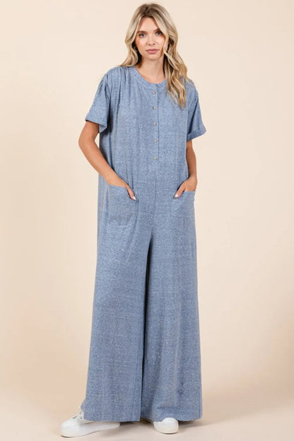 Mittoshop Button Detail Short Sleeve Wide Leg Jumpsuit - Farnelli