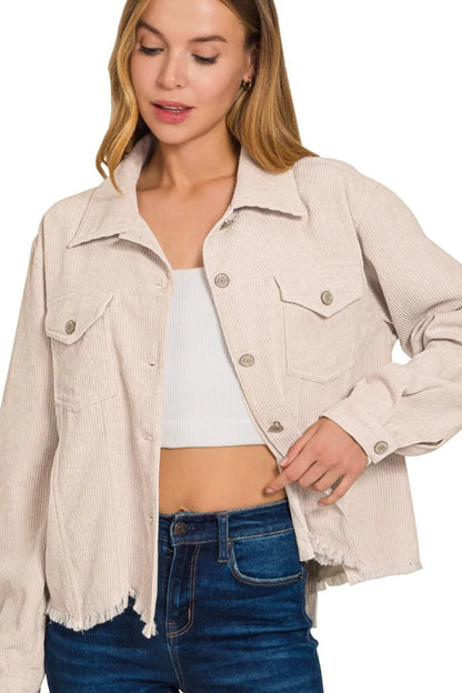 Zenana Distressed Corduroy Frayed Hem Cropped Jacket - Farnelli