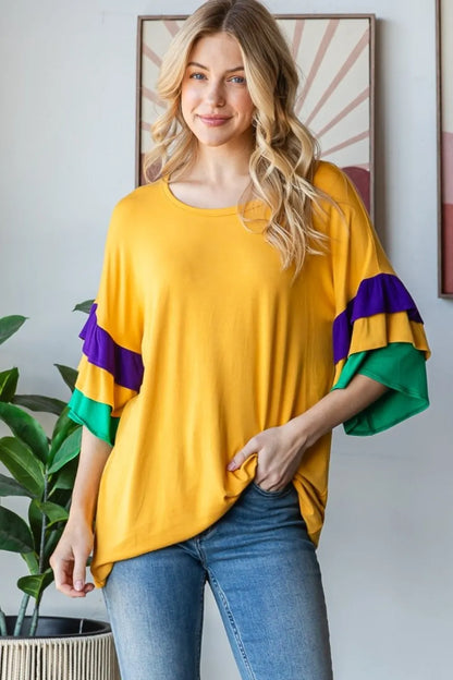 Heimish Full Size Round Neck Color Block Ruffled Half Sleeve Top Plus Size - Farnelli