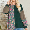 Celeste Full Size Floral Color Block Exposed Seam T-Shirt - Hunter Green