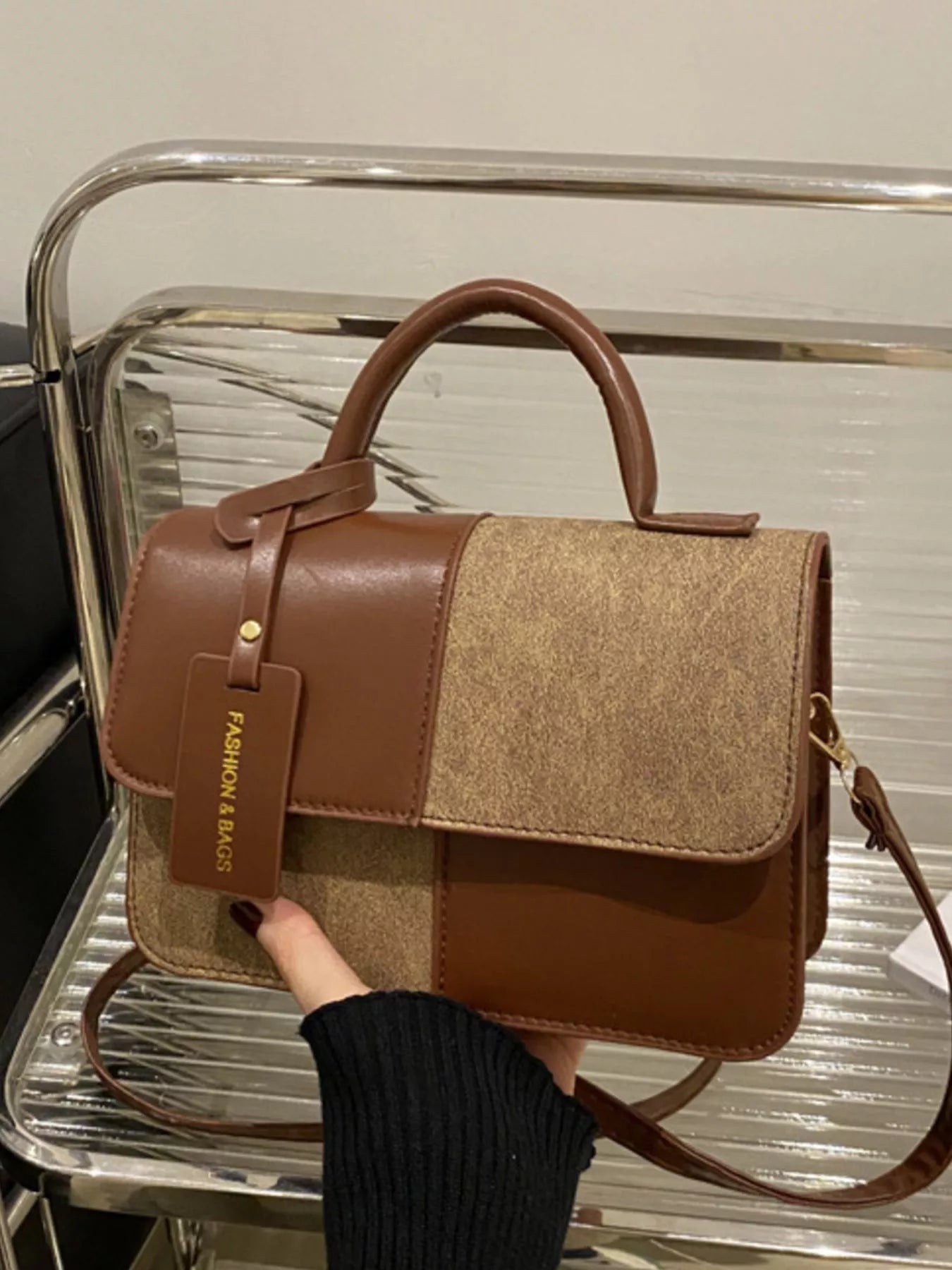 Color Block Flap Crossbody Bag with Top Handle - Farnelli
