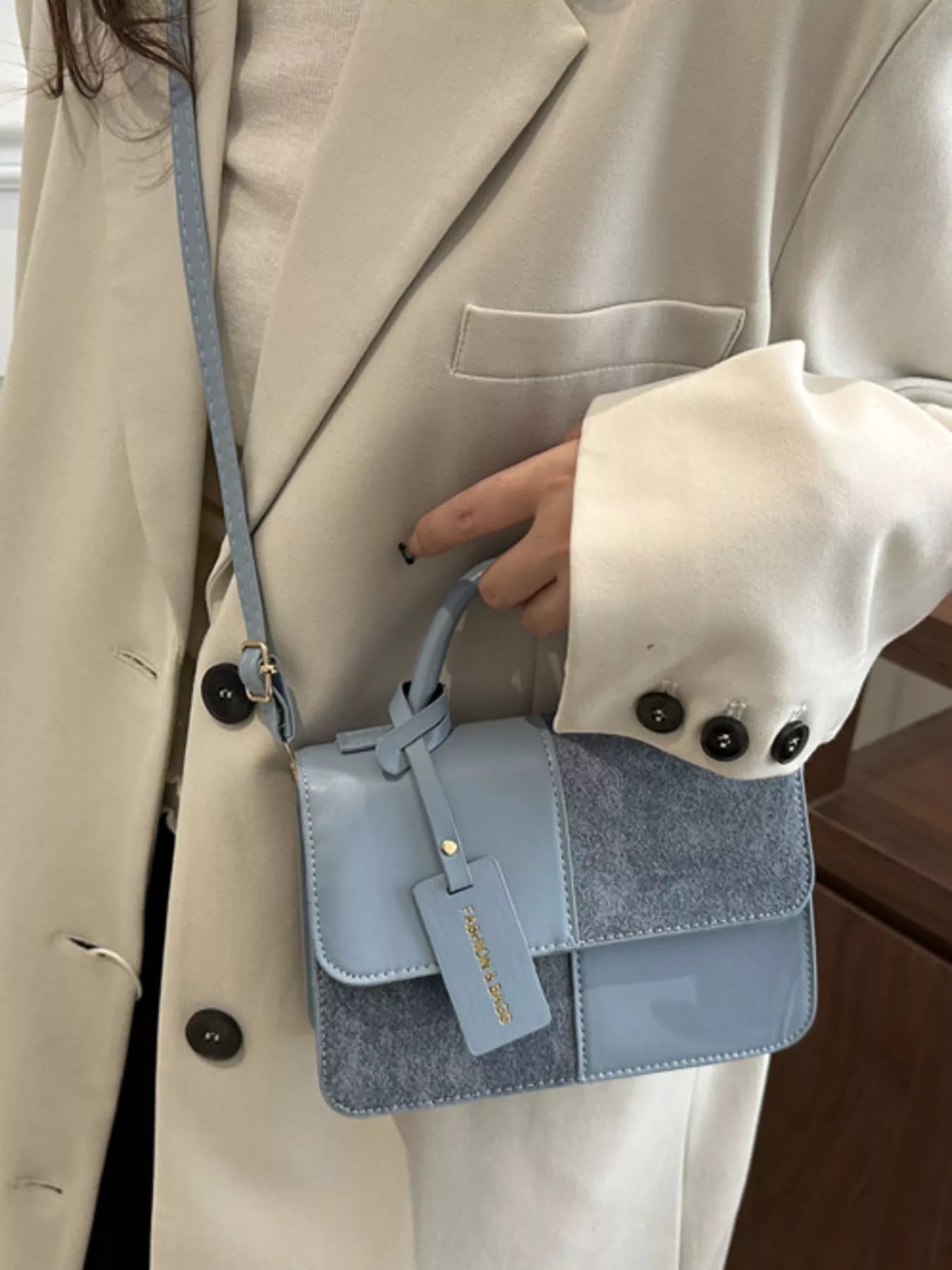 Color Block Flap Crossbody Bag with Top Handle - Farnelli