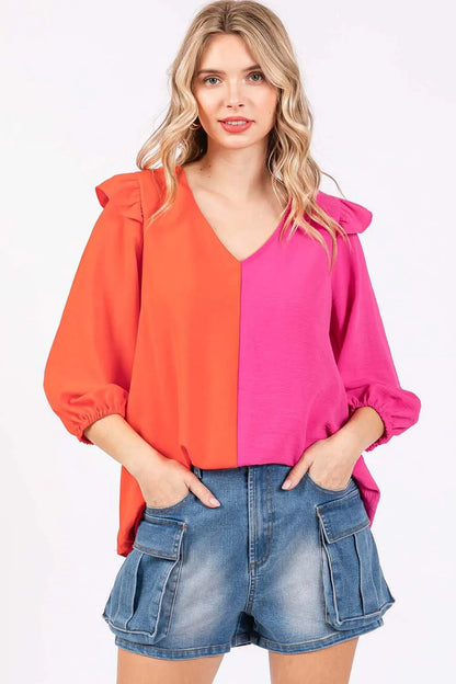 GeeGee Full Size Ruffle Trim Contrast Blouse - Farnelli