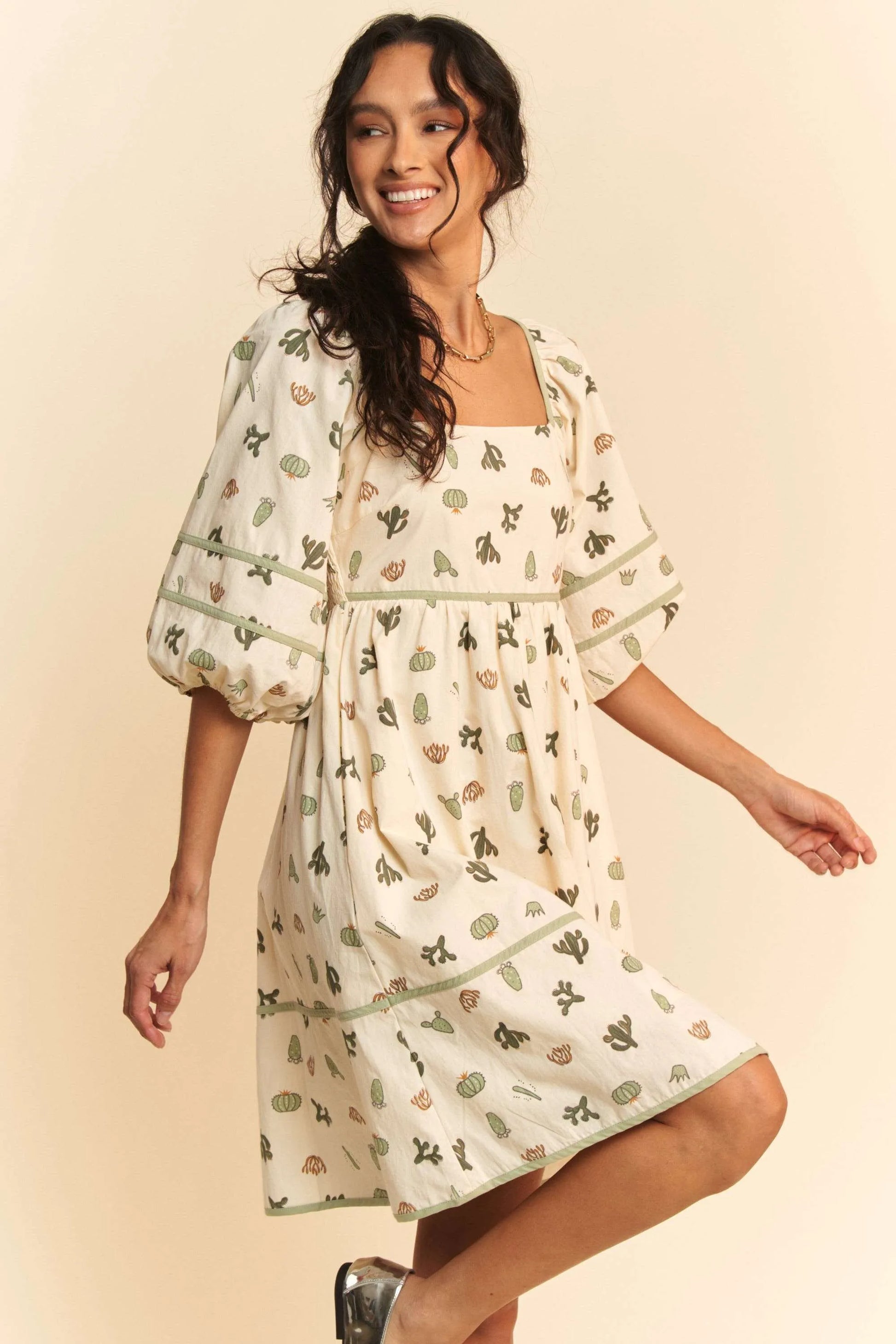 Davi & Dani Cactus Printed Poplin Contrast Piping Mini Dress - Farnelli
