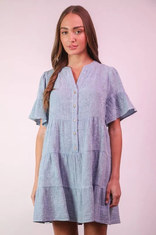 VERY J Mineral Washed Baby Bell Sleeve Woven Mini Dress - Farnelli