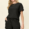 Double Take Full Size Texture Short Sleeve T-Shirt and Drawstring Shorts Set - Black