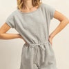 HYFVE Round Neck Short Sleeve Drawstring Waist Romper - Light Gray