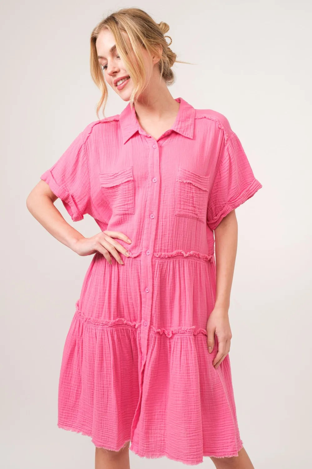 And The Why Full Size Raw Edge Washed Tiered Shirt Dress - Farnelli