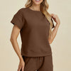 Double Take Full Size Texture Short Sleeve Top and Shorts Set - Brown