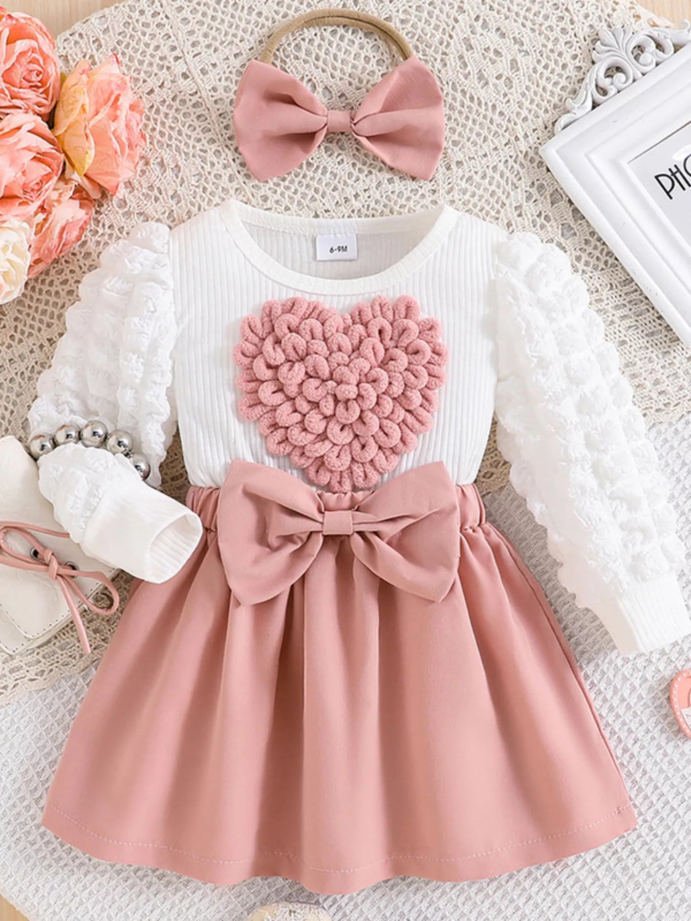 Children's Heart Bowknot Decor Dress with Headband - Farnelli