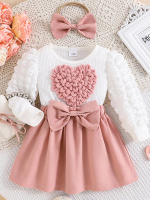 Children's Heart Bowknot Decor Dress with Headband - Farnelli