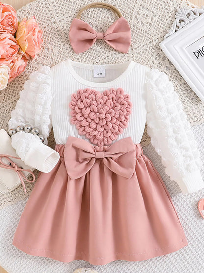 Children's Heart Bowknot Decor Dress with Headband - Farnelli