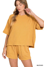 Zenana Raised Rib Short Sleeve Tee and Drawstring Shorts Set - Farnelli