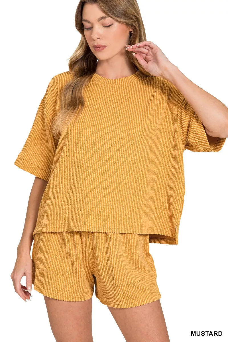 Zenana Raised Rib Short Sleeve Tee and Drawstring Shorts Set - Farnelli