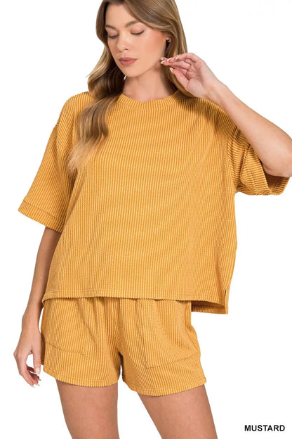 Zenana Raised Rib Short Sleeve Tee and Drawstring Shorts Set - Farnelli