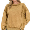 Zenana Acid Wash French Terry Exposed-Seam Sweatshirt - CAMEL