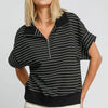 Umgee Striped Half Zip Short Sleeve Sweatshirt - Black