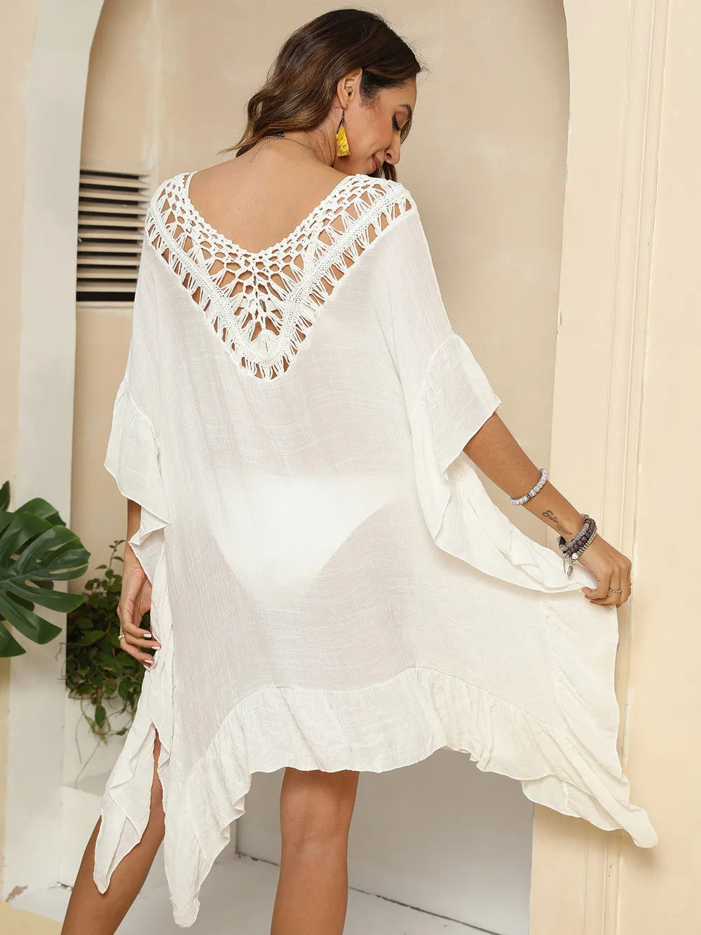 Cutout Ruffled Half Sleeve Cover-Up - Farnelli
