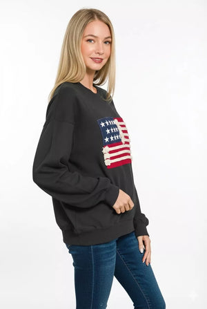 Zenana French Terry American Flag Pullover - Farnelli