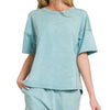 Zenana Acid Washed Short Sleeve Tee & Shorts Set - DUSTY TEAL