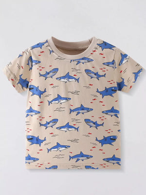 Children's Shark Print Crew Neck Short Sleeve T-Shirt - Farnelli