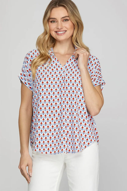 She + Sky Full Size Printed Johnny Collar Short Sleeve Blouse Plus Size - Farnelli
