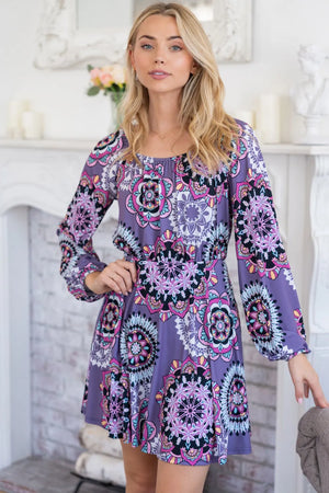 White Birch Printed Long Sleeve Mini Dress with Short Liner - Farnelli